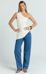 Nevis Top - One Shoulder Asymmetric Hem Ruched Side Top in Off White