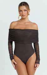 Jaythen Bodysuit - Long Sleeve Off Shoulder Ruched Mesh Bodysuit in Chocolate