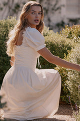 white stretch cotton puff sleeve midi dress
