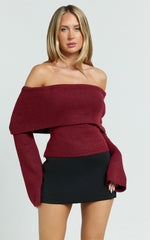 Darcie Top - Off Shoulder Long Sleeve Knitted Top in Wine