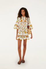 Off-White Lemon Bouquet Belted Puff Sleeve Mini Dress