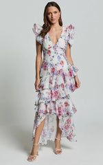Amalie The Label - Sienah Ruffle Sleeve Tiered Midi Dress - Int