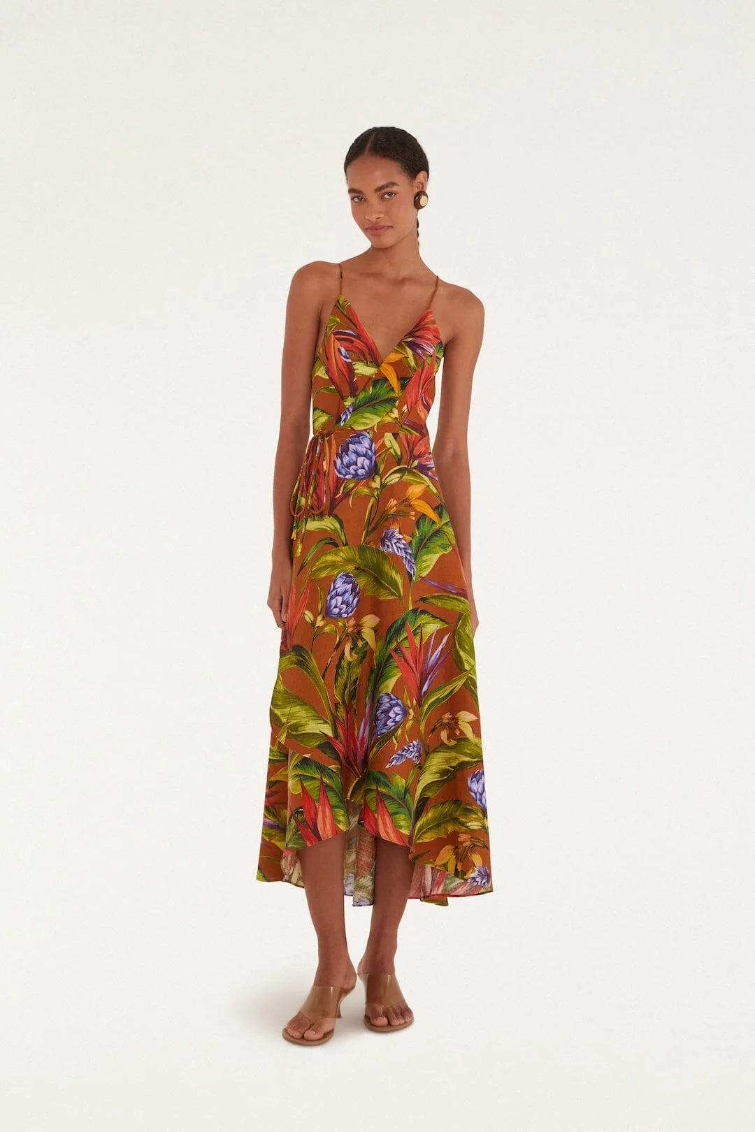 Brown Florart Midi Wrap Dress