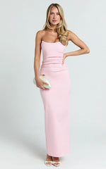 Pietra Midi Dress - Scoop Neck Side Seam Tucks Fitted Dress in Pink