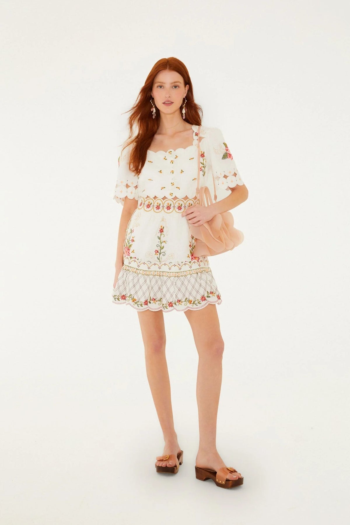 Off-White Flower Embroidery Scalloped Mini Dress