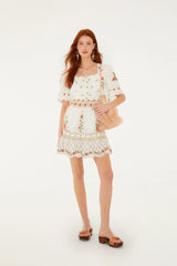 Off-White Flower Embroidery Scalloped Mini Dress