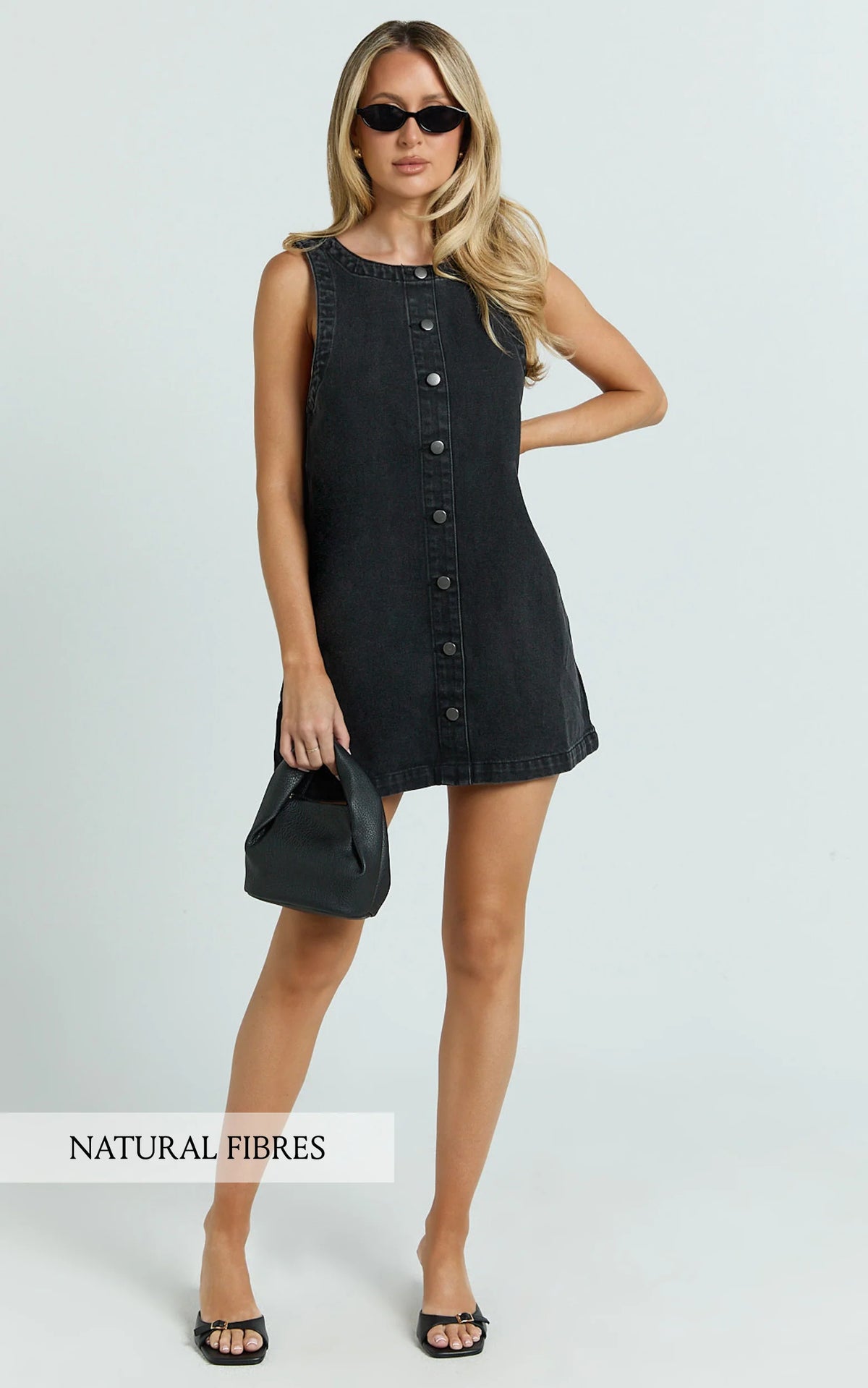 Leia Mini Dress - High Neck Mock Button Down Mini Dress in Black Wash