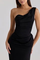 black satin one shoulder maxi dress