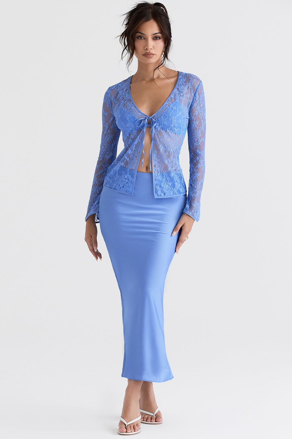 blue satin bias cut midi skirt