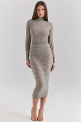 grey velour sheer striped midi skirt
