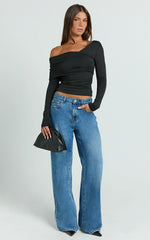 Cate Top - Long Sleeve Asymmetrical Neckline Top in Black