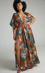 Vacay Ready Maxi Dress - Plunge Thigh Split Dress in Teal Floral Satin