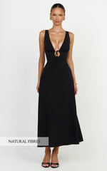 Silvena Midi Dress - Plunge Neckline Tie Front A Line Dress in Black