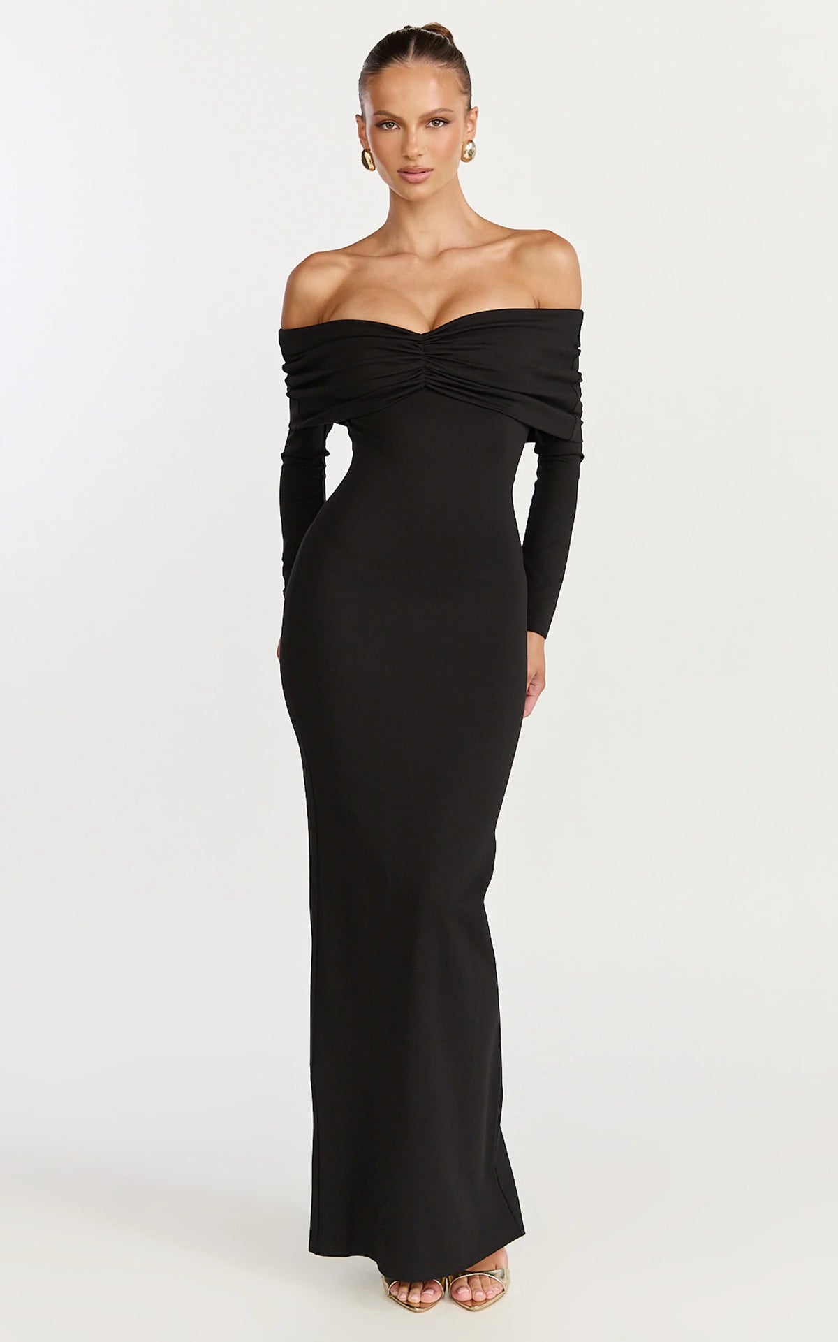 Rani Maxi Dress - Off Shoulder Long Sleeve Bodycon Dress in Black