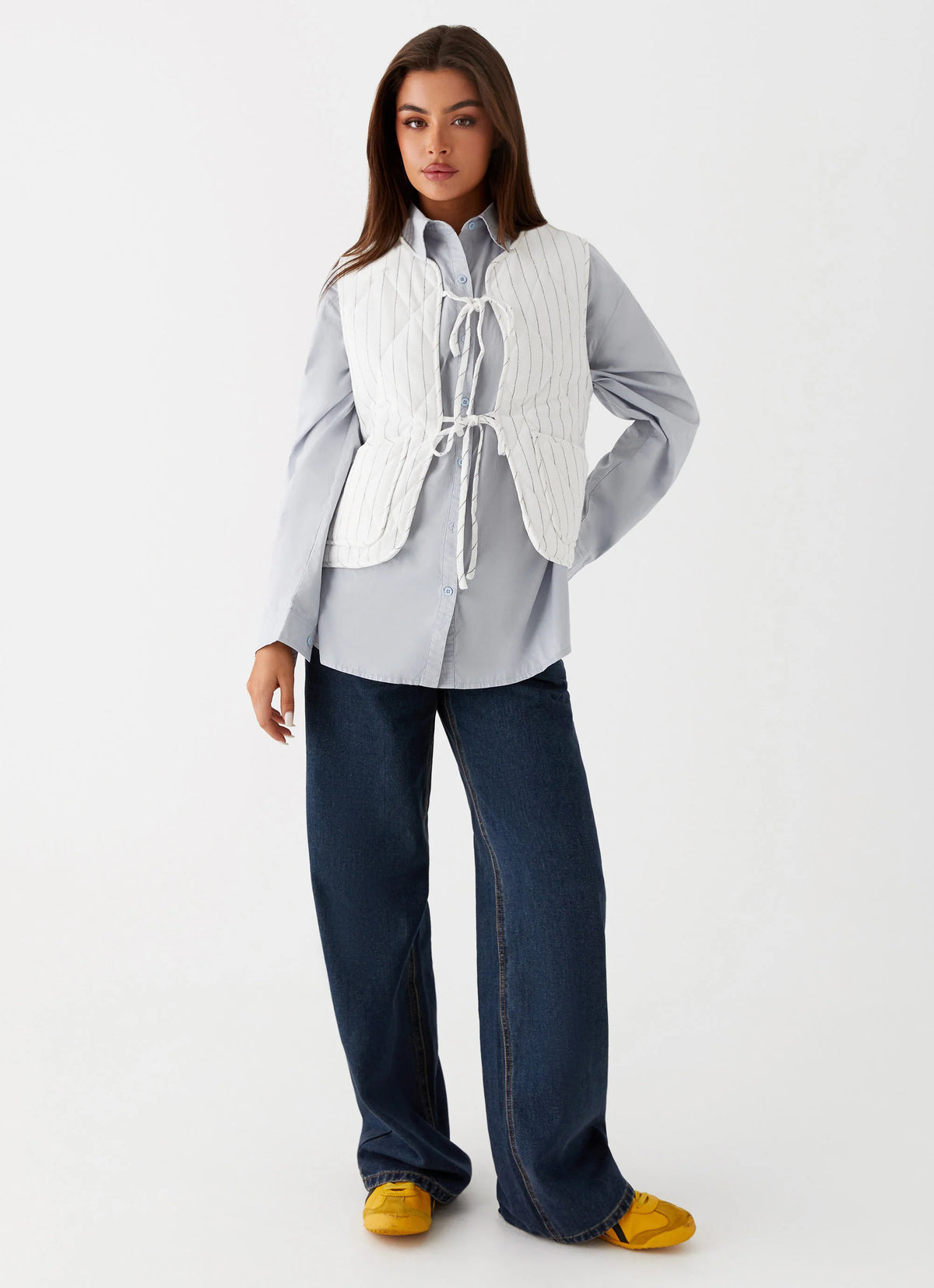 Celini Quilted Vest - White Pinstripe