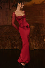 berry satin maxi dress with corset