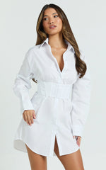 Athena Mini Dress - Collared Button Front Corset Waist Workwear Shirt Dress in White in White