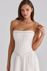white cotton strapless maxi dress
