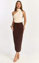 Alanna Midi Skirt - High Waisted Back Split Pencil Skirt in Chocolate