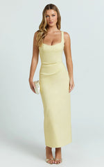 Benita Midi Dress - Scoop Neck Ruched Fitted Dress in Lemon