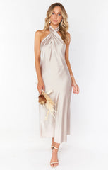 Jasmine Halter Midi Dress ~ Show Me The Ring Luxe Satin