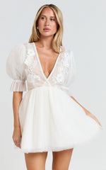 Akshia Mini Dress - Puff Sleeve Floral Detail Plunge Neck Dress in White