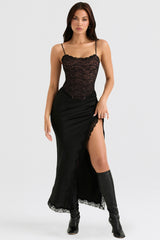 black satin lace trim midi skirt