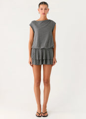 Bambola Wide Neck Mini Dress - Grey Marle Stripe
