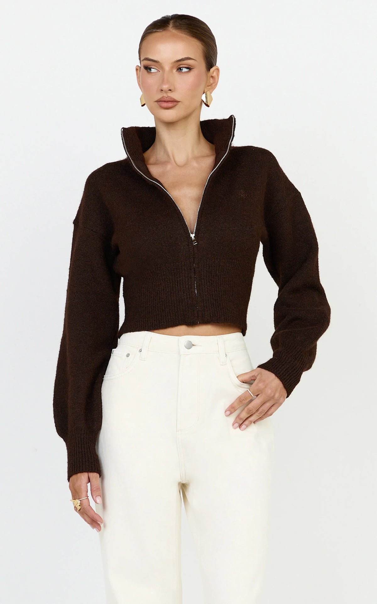 Gaia Jumper - High Neck Full Zip Cropped Jumper in Chocolate