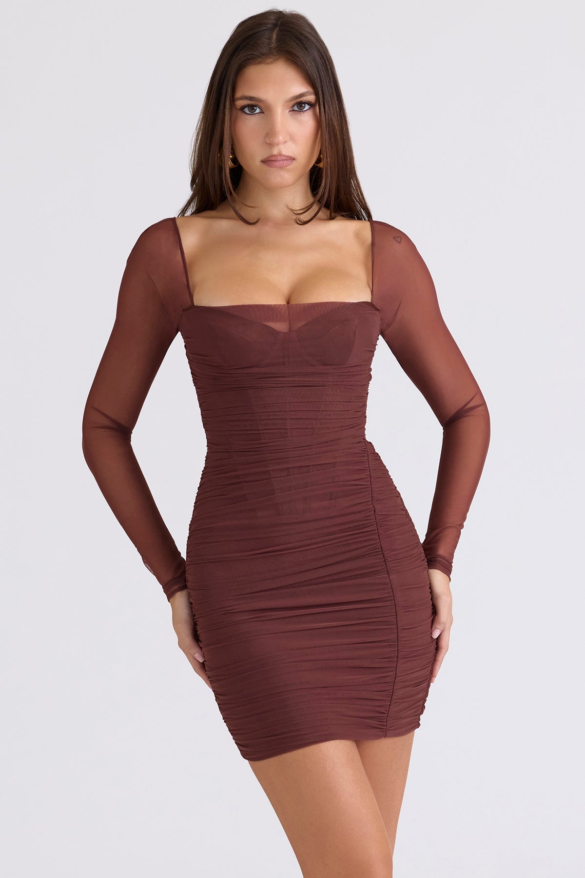 mocha mesh long sleeve mini dress