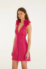 Pink 3d Flower Euroflax™ Premium Linen Mini Dress