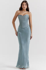 cool blue embellished satin corset