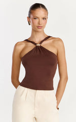 Clarisse Top - Sleeveless Halter Neck Top With Hardware Feature in Choc