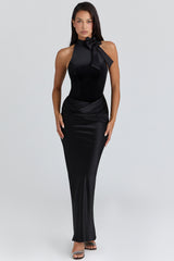 black satin draped maxi skirt