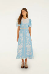 Light Blue Embroiderede Midi Dress
