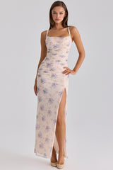 ivory sweet peony print stretch mesh maxi dress
