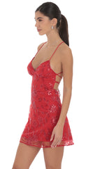 Floral Sequin Embroidered Open Back Dress in Red