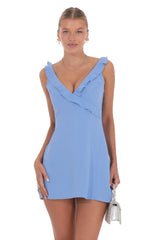 Ruffle V-Neck Dress in Light Blue