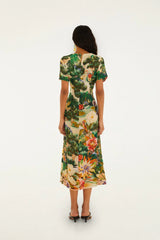 Multicolor Oriental Garden Short Sleeve Maxi Dress