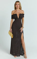 Alessia Maxi Dress - Off Shoulder Ruched Bodycon Dress in Chocolate