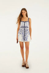 Off-White Porcelain Garden Buttoned  Mini Dress