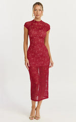 Emma Midi Dress - Lace Cap Sleeve Bodycon Dress in Wine