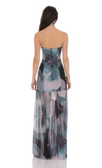 Floral Mesh Strapless Maxi Dress in Navy