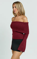 Darcie Top - Off Shoulder Long Sleeve Knitted Top in Wine