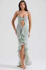 pistachio ruffled front gown