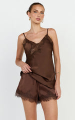 Ava Top - Lace Trim Longline Camisole Top in Chocolate