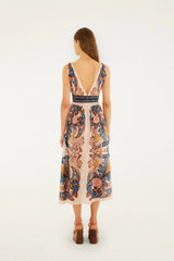 Soft Pink Garden Scarf V Neck Midi Dress