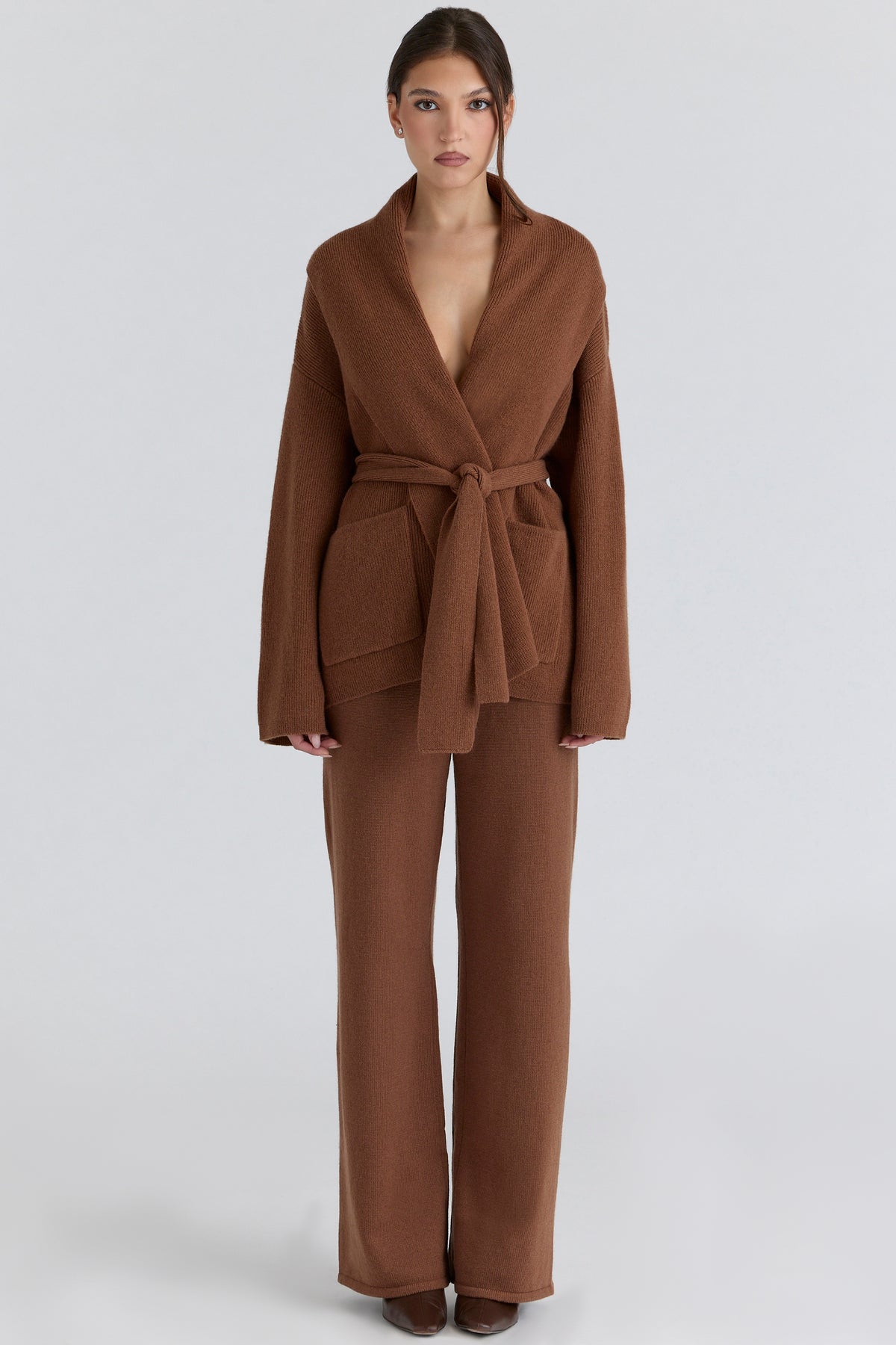 tan cashmere + wool wide leg trousers