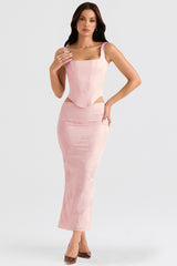 pink metallic floral satin midi skirt