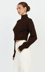 Gaia Jumper - High Neck Full Zip Cropped Jumper in Chocolate